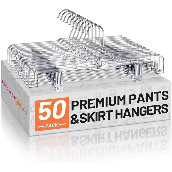 HOUSE DAY Plastic Pant Hangers with Clips, 50 Pack Clothes Hangers- Clear, 14 inch,