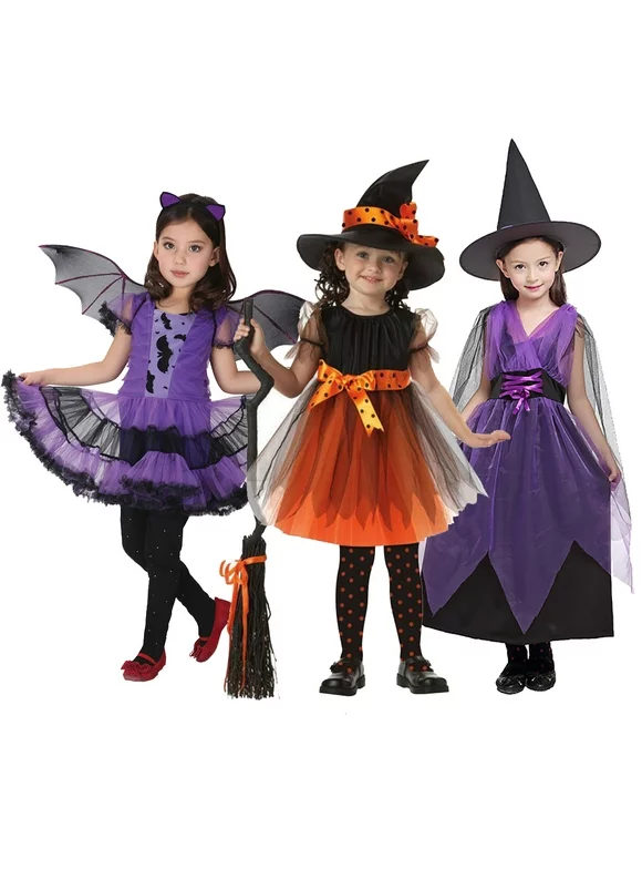 Halloween 3-13Y Children Girls Vampire Witch Bat Cosplay Dress Carnival Party Toddler Kids Halloween Costume Dress Up