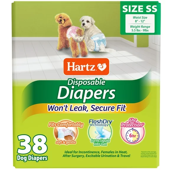 Hartz Disposable Dog Diapers for Female and Male Dogs or Puppies | Superior Leak Proof Protection | Size SS | Pack of 38