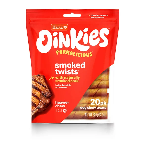 Hartz Oinkies Rawhide-Free Real Smoked Flavor Pig Skin Natural Treats for Dogs, 18.3 oz (20 Count)