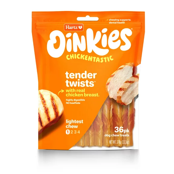 Hartz Oinkies Tender Twists Wrapped with Real Chicken Breast Dog Treats, Stick Treat, Dry, 36 Count