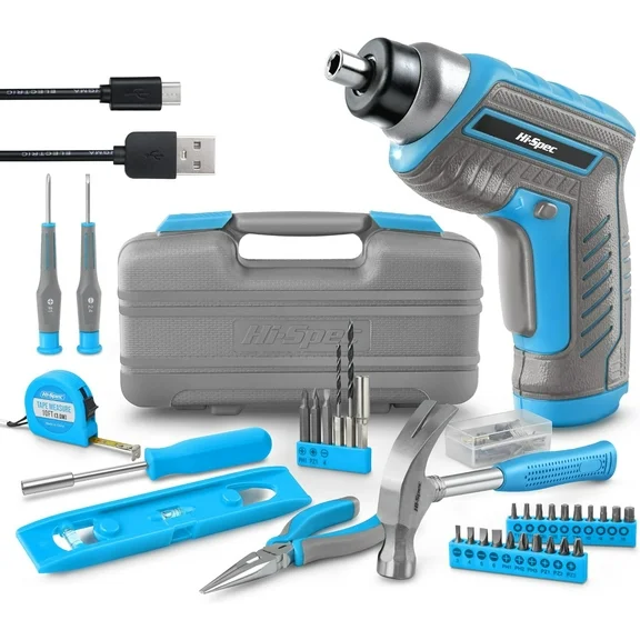 Hi-Spec 35pc Blue Tool Kit with 3.6V USB Electric Screwdriver and Drill Set. Complete General Tool Set
