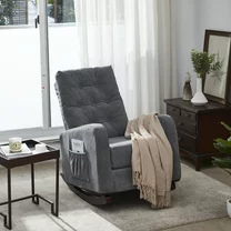 High Back Rocking Chair, Nursery Chair with Side Pocket, Linen Fabric Single sofa Chair, Lazy Sofa Balcony Reclining Chair, Padded Armchair, for Living Room,Bedroom,Office,Antique Gray