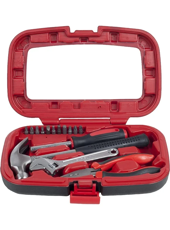 Home Improvement Tool Kit - 15-Piece Household Hand Tools Essentials Set in Durable Plastic Carrying Case for Home, Office, and Car by Stalwart (Red) Red Tool