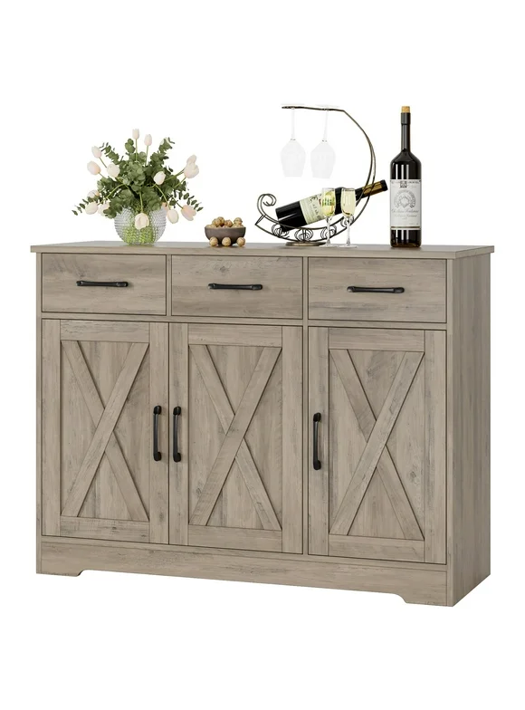 Homfa 42.5‘’ Kitchen Buffet Sideboard Cabinet, 3 Drawers Farmhouse Barn Doors Wood Coffee Bar Storage Cabinet with Adjustable Shelf, Wash Gray