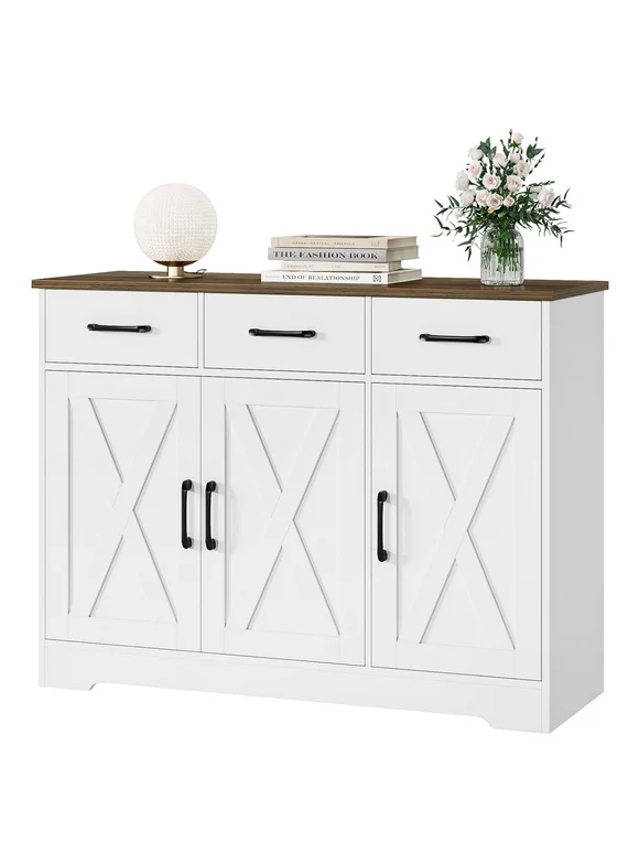 Homfa 42.5‘’ Kitchen Buffet Sideboard Cabinet, 3 Drawers Farmhouse Coffee Bar Storage Cabinet with Adjustable Shelf, White