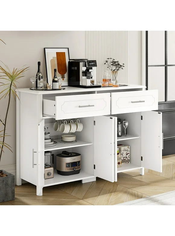 Homfa Kitchen Sideboard Buffet Cabinet with 2 Drawers & 4 Doors, Modern Coffee Bar Cabinet for Living Room, White
