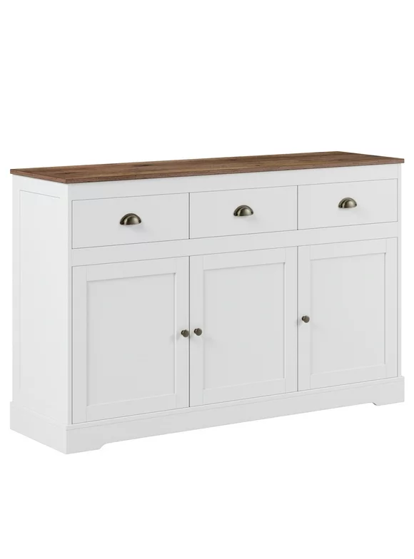 Homfa Sideboard Storage Cabinet with 3 Drawers & 3 Doors, 53.54'' Wide Buffet Cabinet for Dining Room, White