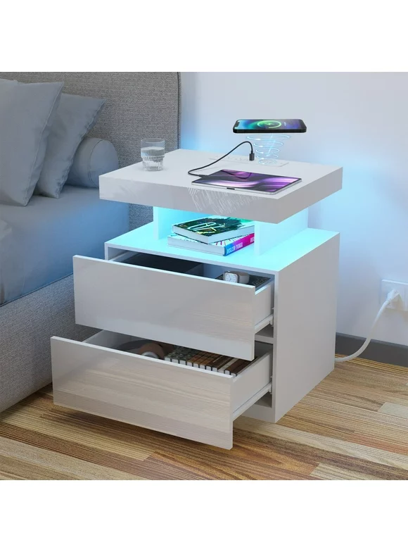 Hommpa LED Nightstand with Wireless Charging Station Modern Nightstand Type C USB Port 2 Drawers Bedside Table White Smart Night Table High Gloss End Side Table for Bedroom Furniture 22.3" Tall