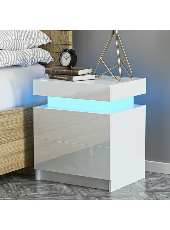 Hommpa Modern LED Nightstand with 2 Drawers High Gloss Led Light Bedside Table Storage White Night Table with Lights End Side Table with Drawer for Bedroom 20.5" Tall