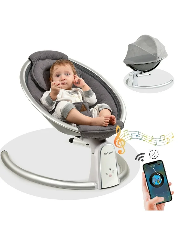 Hot Mom Electric Baby Bouncer, Bluetooth Baby Rocker with Intelligence Timing, Adjustable Seat for 0-12 Months, Dark Grey
