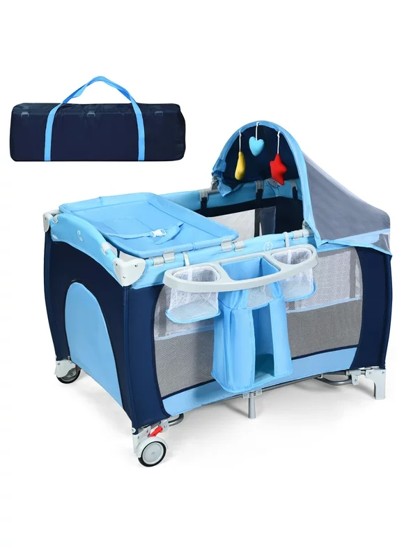 INFANS Nursery Center, 4 in 1 Pack and Play with Bassinet, Music, Detachable Mat, Awning, Mosquito Net, Storage Bag, Multifunction Baby Playard for Boys & Girls (Blue)
