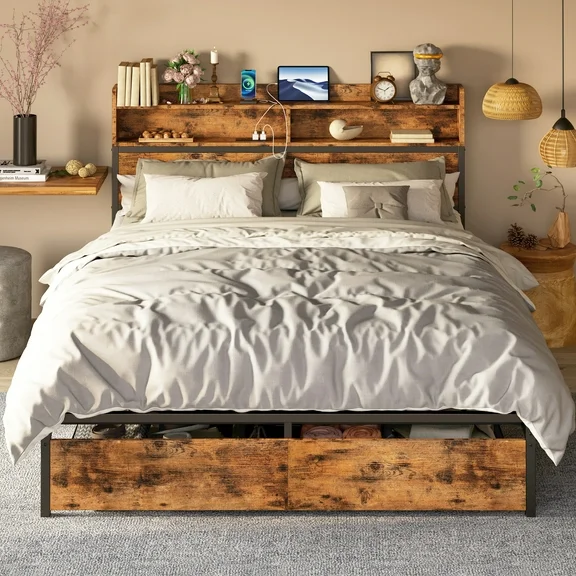 IRONCK Full Platform Bed Frame with Storage Headboard, Charging Station and 2 Under-bed Drawers