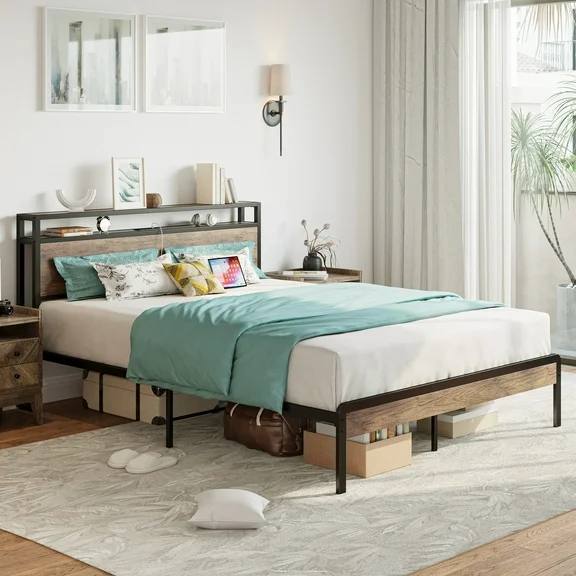 IRONCK Full Platform Bed Frame with Storage Headboard and Charging Station, No Box Spring Needed