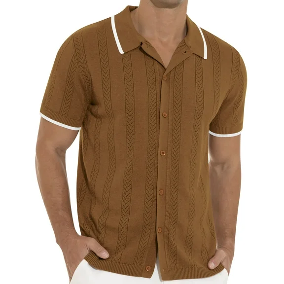 Iceglad Men's Casual Button Down Shirt Short Sleeve Vintage Clothes Knit Polo Shirts Summer Beach Shirts