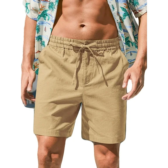 Iceglad Mens Cotton Linen Shorts Casual Drawstring 7inch Inseam Shorts Stretch Summer Beach Wear