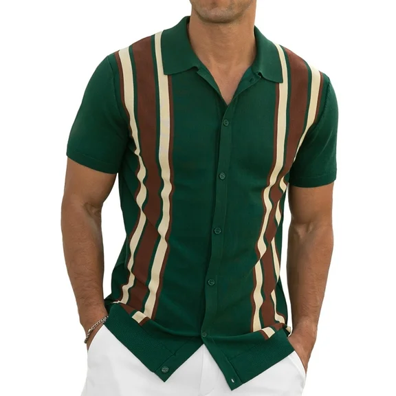 Iceglad Mens Polo Shirts Vintage Striped Knitting Short Sleeves Button Down Golf Shirts
