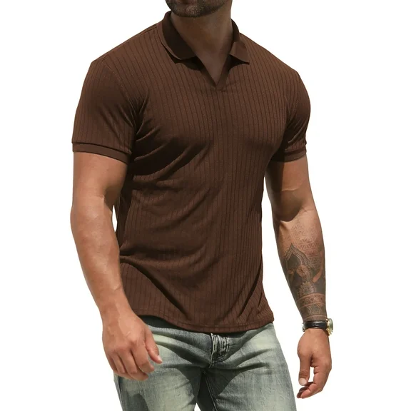 Iceglad Polo Shirts for Men V Neck Slim Fit Short Sleeve Performance Golf Shirt Knit Soft Tees