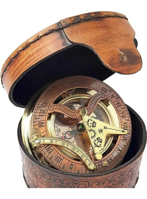 Indian Nautical Instruments Antique Brass & Copper Sundial Compass, Sundial Clock in Box Gift Sun Clock Ship Replica Watch