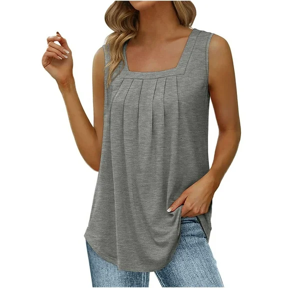 JGGSPWM Summer Tank Tops for Women Loose Fit Pleated Square Neck Sleeveless Tops Curved Hem Flowy Loose Fit Camisole Trendy Breathable Tees Shirts Gray S