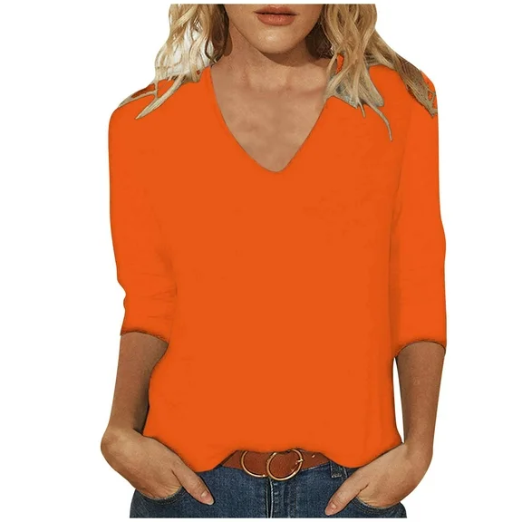 JGGSPWM Women Solid Blouse 3/4 Sleeve Shirts V Neck Tees Soft Breathable Tunic Dressy Casual Tops Trendy Basic Tshirts Orange M