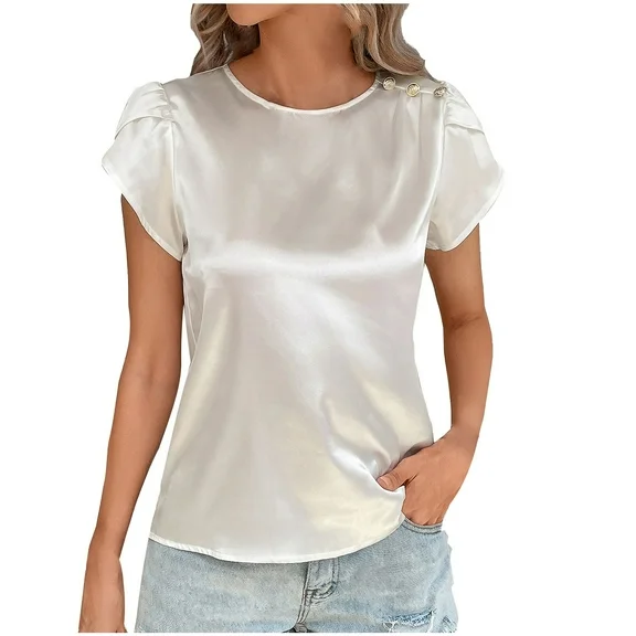 JGGSPWM Women's Round Neck Petal Sleeve Satin Silk Top Smooth Blouse Shoulder Button Decor Shirts White S