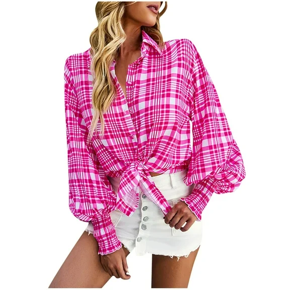 JGGSPWM Womens Shirts Pink Plaid Long Sleeve Pullover Tops Cute Sweet Classic Button Down Balloon Cuff Sleeve Lapel V Neck Blouse Hot Pink L