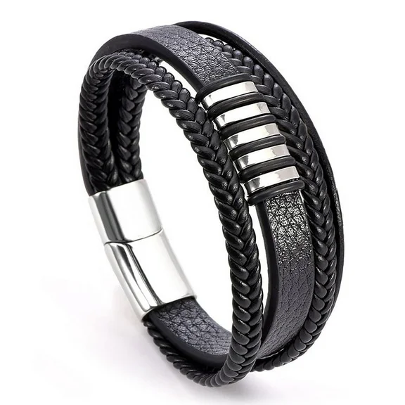 JO WISDOM Men's Stitanium Steel Magnetic Buckle Bracelet, Men's Woven Cuff Bracelet, Leather Bracelet, Bohemian Cuff Bracelet, Handcrafted Patchwork Bracelet, Multi-Layer Men's Bracelet