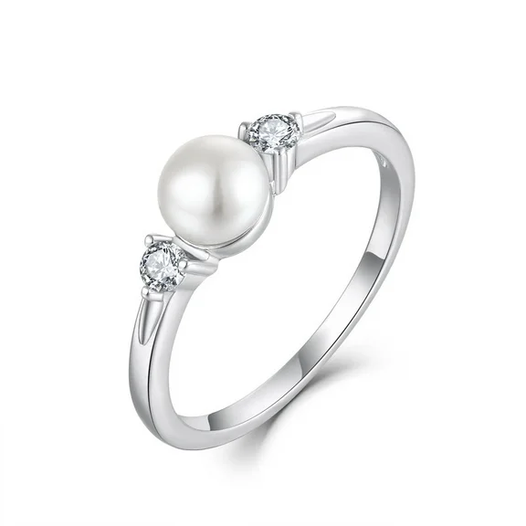 JO WISDOM Pearl Ring,925 Sterling Silver Cubic Zirconia Women's Rings with 7mm White Freshwater Cultured Pearl Ring size 7