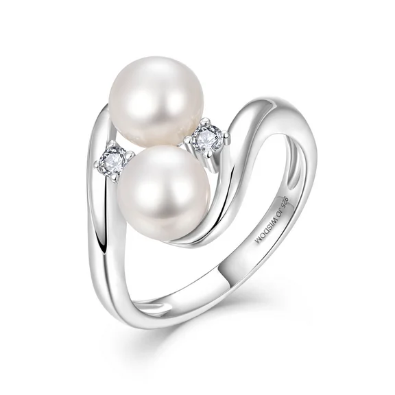 JO WISDOM Pearl Ring,925 Sterling Silver Cubic Zirconia Women's Rings with Two Pearls 7mm White Freshwater Cultured Pearl Ring size 5