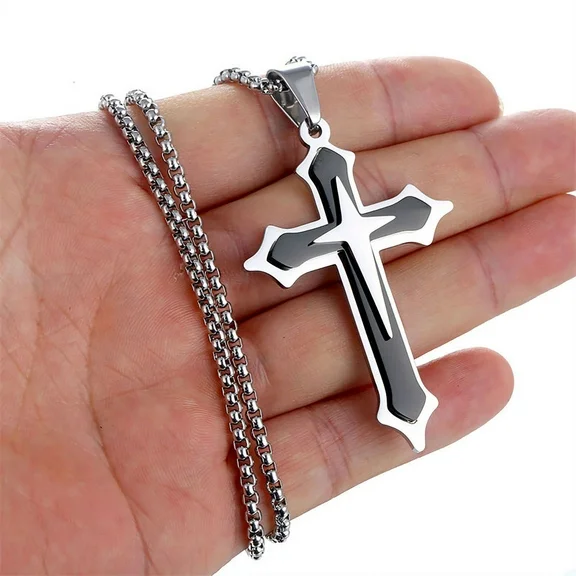 JO WISDOM Three Layer Stainless Steel Cross Necklace Pendant, Fashionable Retro Men's Stainless Steel Necklace, Fashionable And Minimalist Jewelry Gift