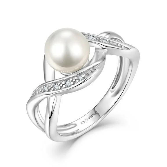 JO WISDOM Women Pearl Ring,925 Sterling Silver Cubic Zirconia Infinity Pearl Ring with 7mm Round White Pearl Ring
