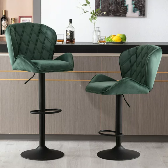 JONPONY Bar Stools Set of 2, Back and Armrest,Velvet Elegant Modern Bar Chairs for Home and Kitchen Counter,Low Back,Green
