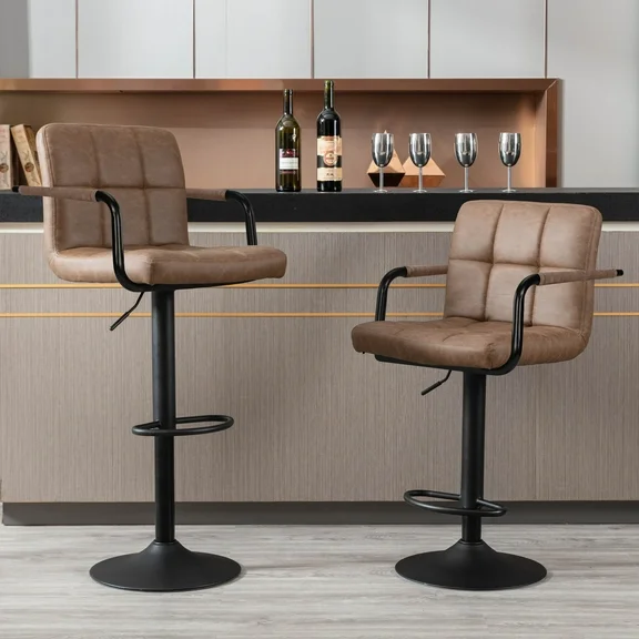 JONPONY Bar Stools Set of 2, Back and Armrest,Vintage Leather Modern Bar Chairs for Home and Kitchen Counter,Brwon,Low Back