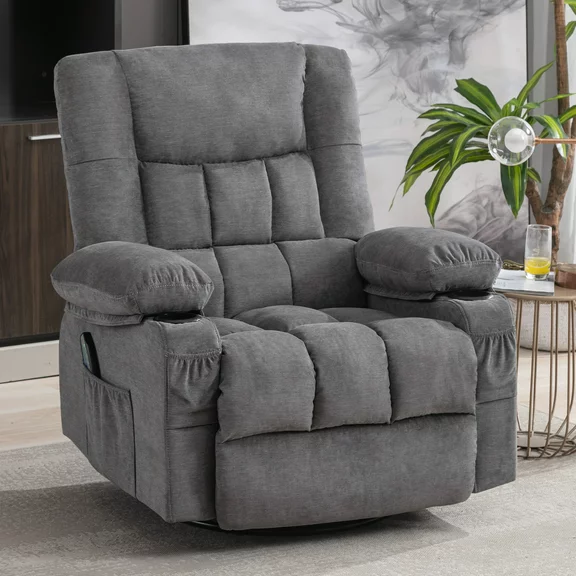JONPONY Massage Swivel Rocker Recliner Chair with Vibration Massage and Heat Ergonomic Lounge Chair for Living Room with Rocking Function and Side Pocket, 2 Cup Holders, USB Charge Port,Grey