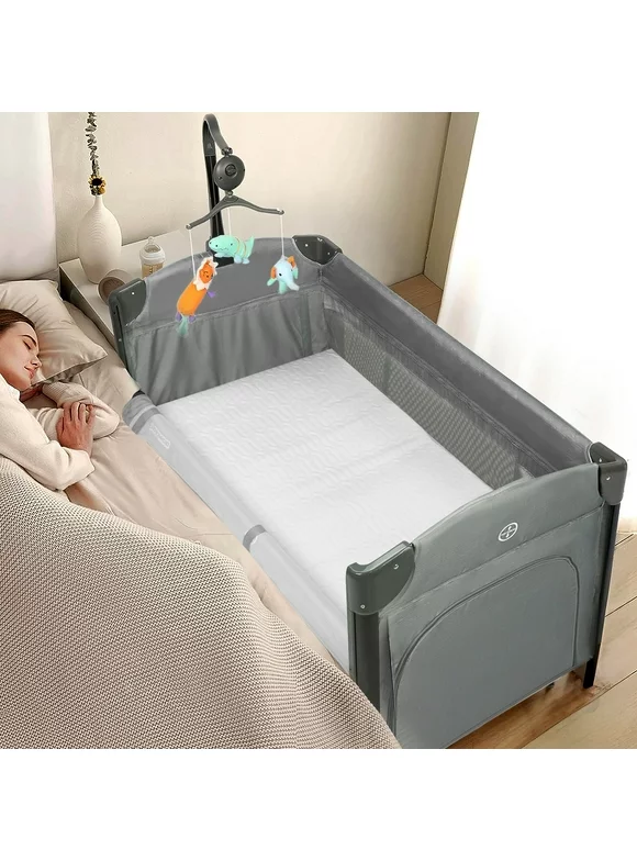 JOYMOR Folding Bedside Bassinet Co-Sleeper, Baby Bassinet with Toy Wheels for Unisex Infant