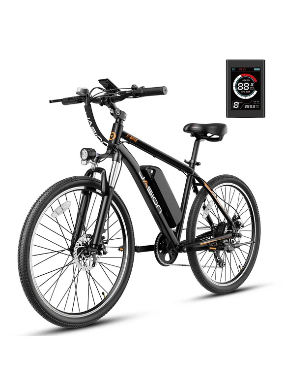 Jasion Electric Mountain Bike for Adults, 26" Tires, 350W Brushless Motor, 40 Miles Commuting Range, Front Fork Suspension, Shimano 7 Speed, EB5 Black
