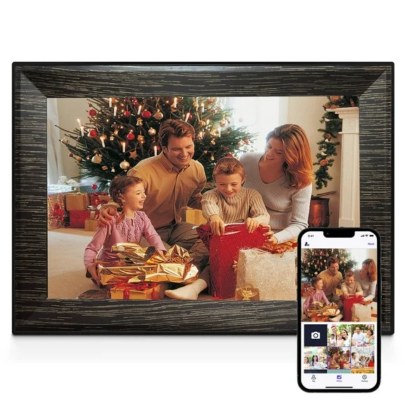 Jazeyeah 10.1" WiFi Digital Picture Frame Wood Grain 1280*800 IPS Smart Touch Screen with 32GB Storage, Electric Photo Frames Auto Rotate Share Photo via Free APP for Christmas Gift