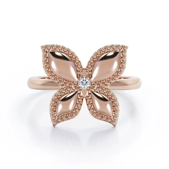 JeenMata Butterfly-in-Love Ring with Round Moissanite in 18K Rose Gold Plating over Silver