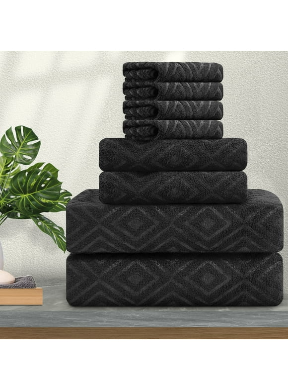 Jessy Home Black Bath Towel set of 8, 2 Oversized Bath Towels, 2 Hand Towels, 4 Washcloths-600 GSM Soft Towel Set