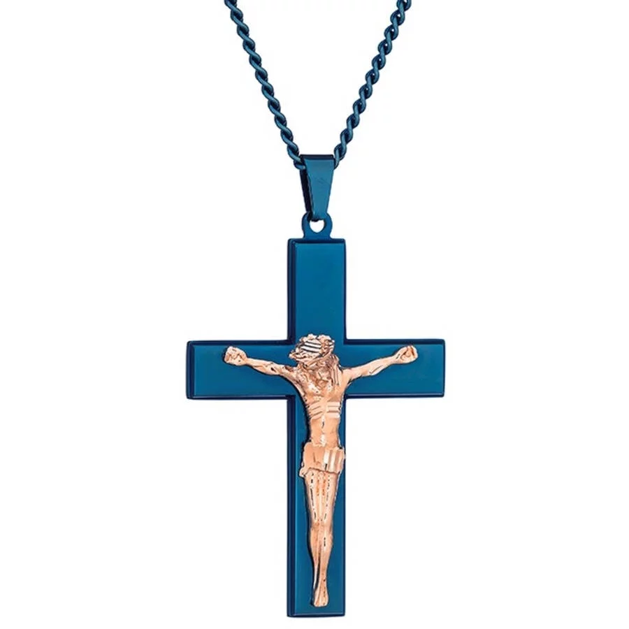 Jewelry Men's Stainless Steel Blue IP Cross Crucifix with Rose Gold-Tone Jesus, 24 Chain