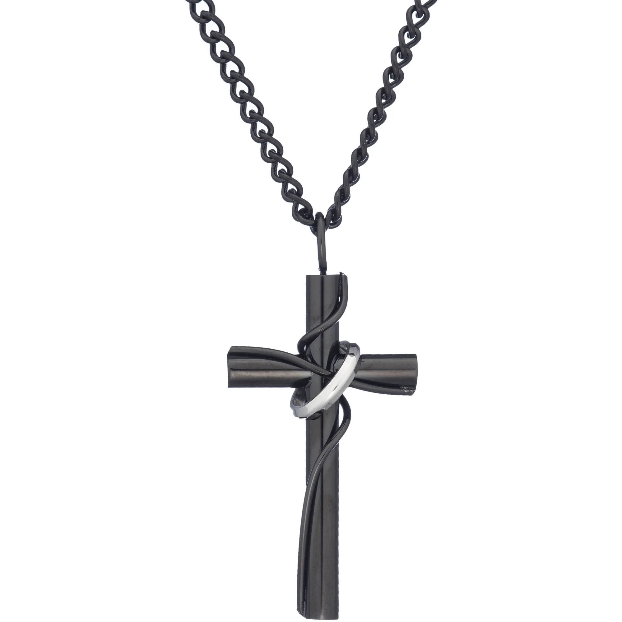 Jewelry Stainless Steel Black IP Cross with Silver-Tone Ring Pendant, 24 Chain