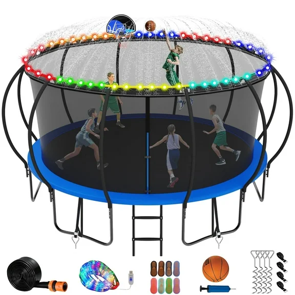 Jump Into Fun 15FT Trampoline for Adults/Kids, Trampoline with Enclosure, Basketball Hoop, Light, Sprinkler, Socks, 1500LBS Capacity for 8-9 Kids, Outdoor Galvanized Full Spray Round Trampoline, Blue