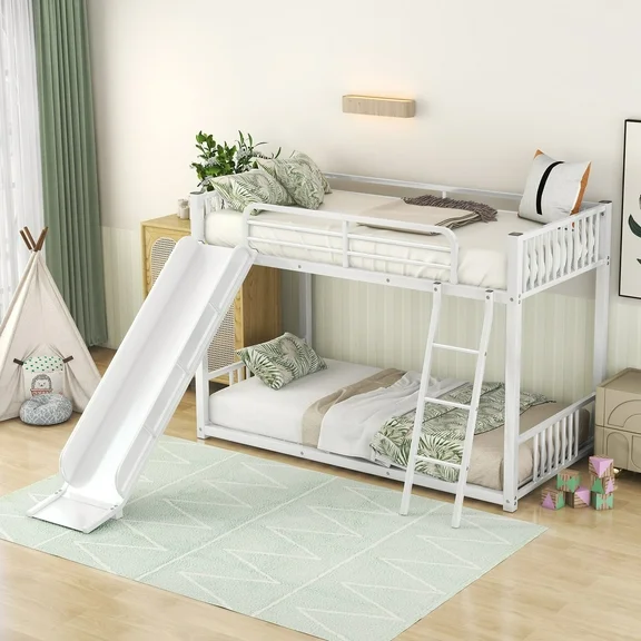 Jump Into Fun Bunk Beds Twin over Twin, Metal Bunk Bed with Slide, Low Bunk Bed with Ladder and Guardrails for Kids, Grils Boys, Bunk Bed for Bedroom, Dormitory, White