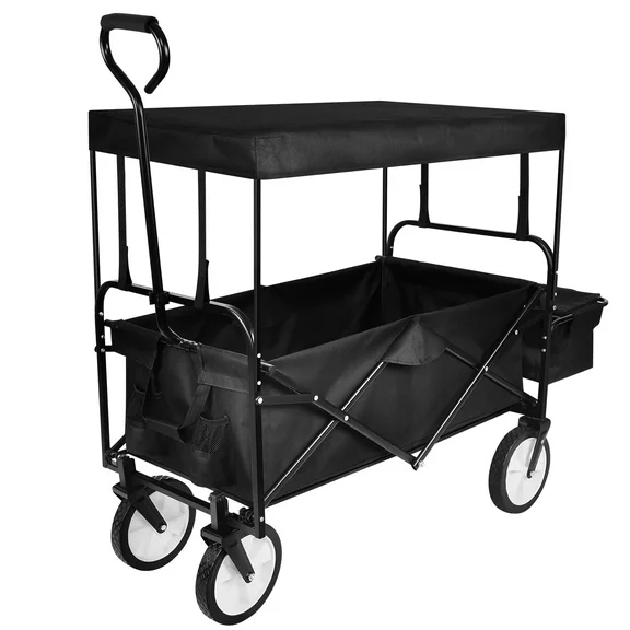Jump Into Fun Collapsible Wagons, Heavy Duty Folding Cart with Removable Canopy, Adjustable Handle, Wheels & Double Fabric, Beach Wagon Cart for Kids, Garden Wagon Cart for Sand, Large Wagon, Black