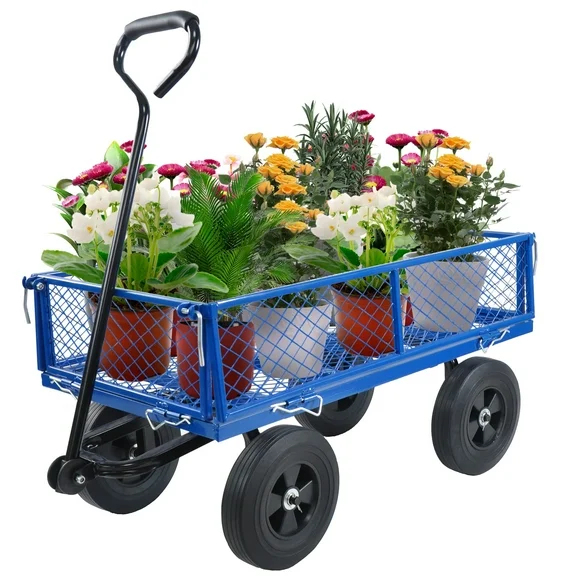 Jump Into Fun Garden Cart, Metal Wagon Cart with 10'' Solid Tires, Upgrade Folding Heavy Duty Utility Garden Cart 550LBS Capacity with Mesh Frame, Removable Sides, Yard Wagon Cart for Backyard, Blue