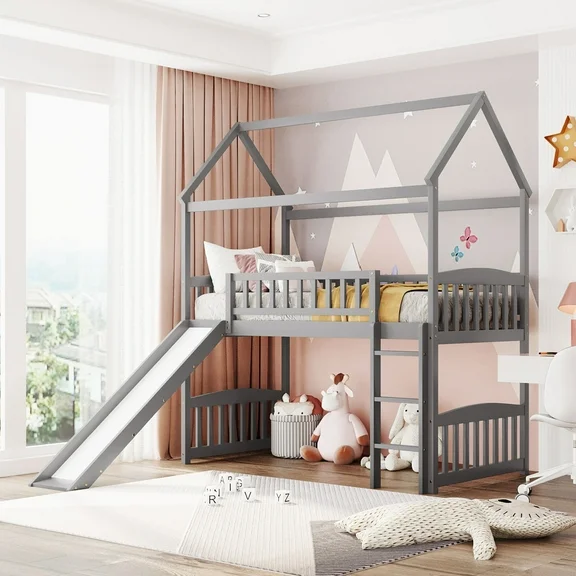 Jump Into Fun Loft Bed with Slide, Twin House Bed with Ladder and Full Safety Guardrails, Loft Bed with Roof for Kids Toddlers, Solid Wood Loft Bed for Bedroom, No Box Spring Needed - Gray