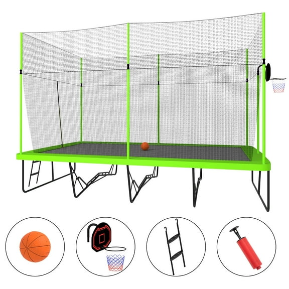 Jump Into Fun Trampoline 10FT x 17FT, Gymnastics Rectangular Trampoline with Enclosure, Basketball Hoop, Rectangle Trampoline for Kids and Adults, Outdoor Backyard Trampoline 1000LBS