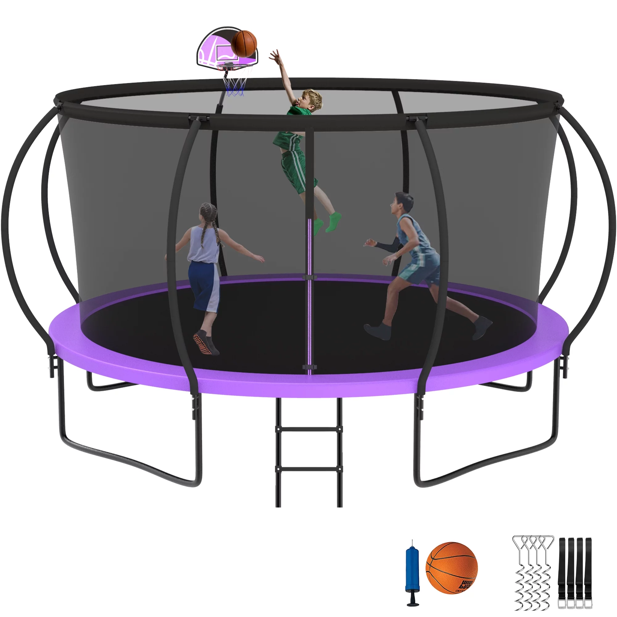 Jump Into Fun Trampoline 12 14 15 16FT for Kids/Adults, Trampoline with Enclosure, Basketball Hoop, Wind Stakes, 1200LBS Capacity for 2-3 Adults and 5-6 Kids, Outdoor Round Trampoline, Purple