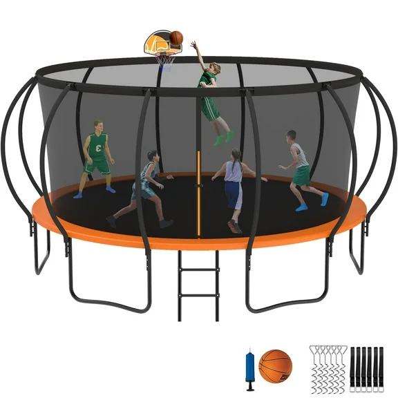 Jump Into Fun Trampoline 12 14 15 16FT for Kids/Adults, Trampoline with Enclosure, Basketball Hoop, Wind Stakes, 1500LBS Capacity for 3-5 Adults and 7-8 Kids, Outdoor Round Trampoline, Orange